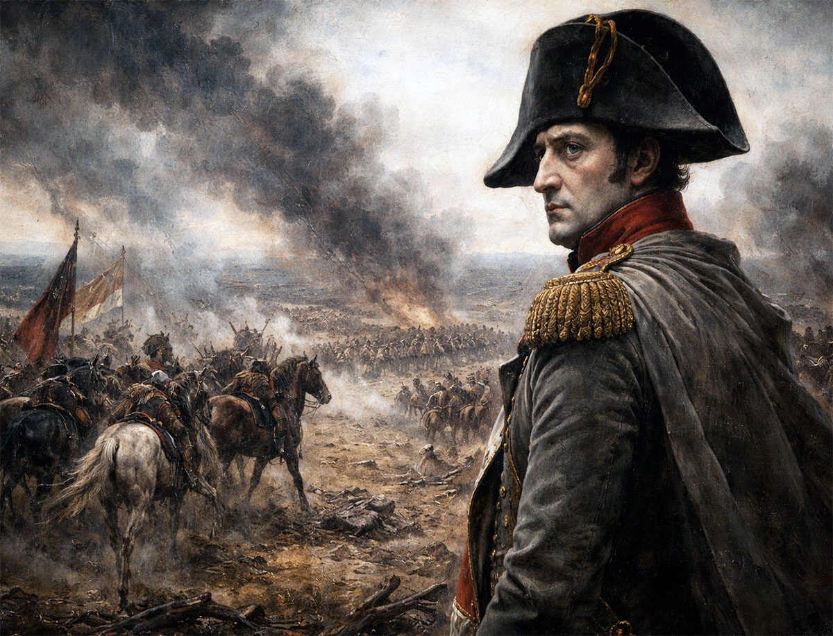 Una pintura al óleo histórica y detallada en primer plano de Napoleón Bonaparte, de perfil, mirando hacia un vasto y caótico campo de batalla lleno de tropas, caballería y densas columnas de humo negro de la batalla.
