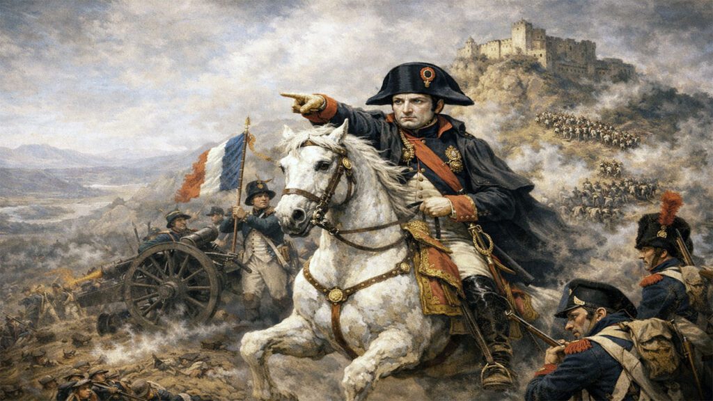 Napoleón Bonaparte dirigiendo tropas francesas durante la campaña de Italia en una escena de batalla del siglo XVIII