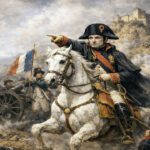 Napoleón Bonaparte dirigiendo tropas francesas durante la campaña de Italia en una escena de batalla del siglo XVIII