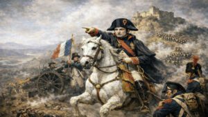 Napoleón Bonaparte dirigiendo tropas francesas durante la campaña de Italia en una escena de batalla del siglo XVIII