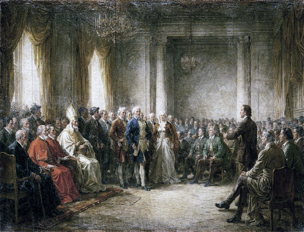 Asamblea francesa del siglo XVIII con miembros del clero, nobleza y tercer estado reunidos en un salón ceremonial antes de la Revolución Francesa