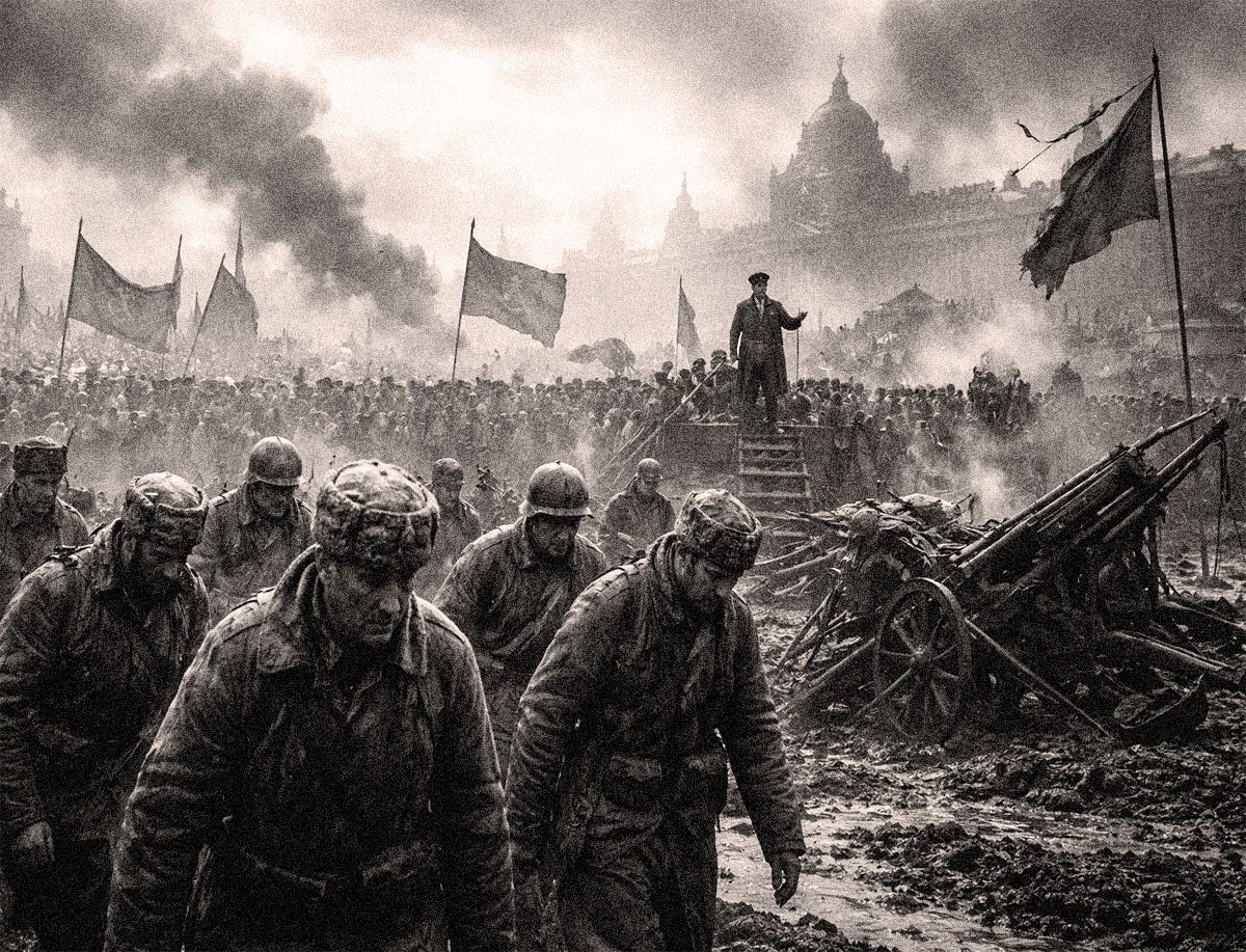 Soldados rusos exhaustos retroceden entre barro y artillería dañada mientras al fondo una multitud revolucionaria con banderas rojas refleja el colapso del Imperio ruso en 1917 durante la Primera Guerra Mundial