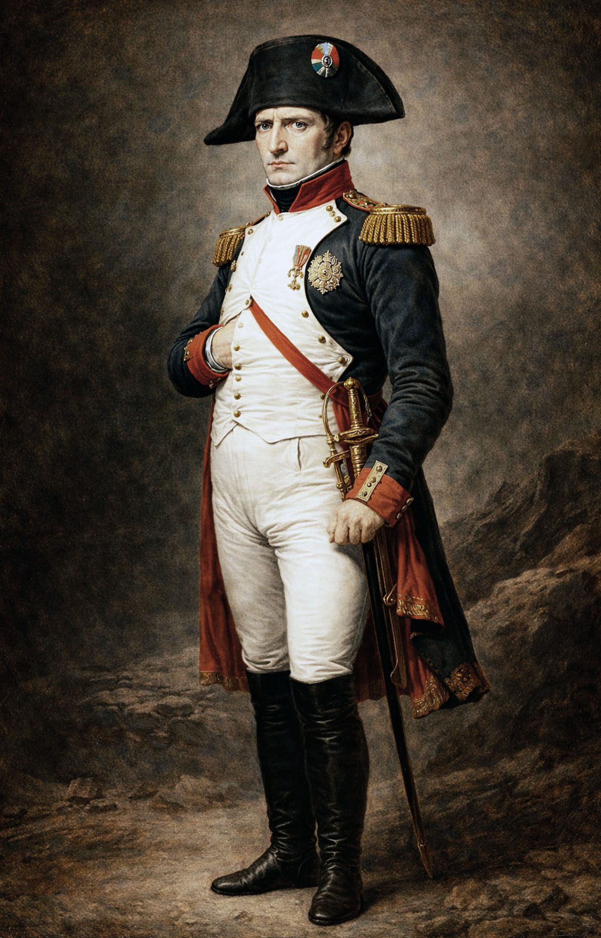 Napoleón Bonaparte con uniforme imperial en retrato de cuerpo completo inspirado en pintura histórica francesa
