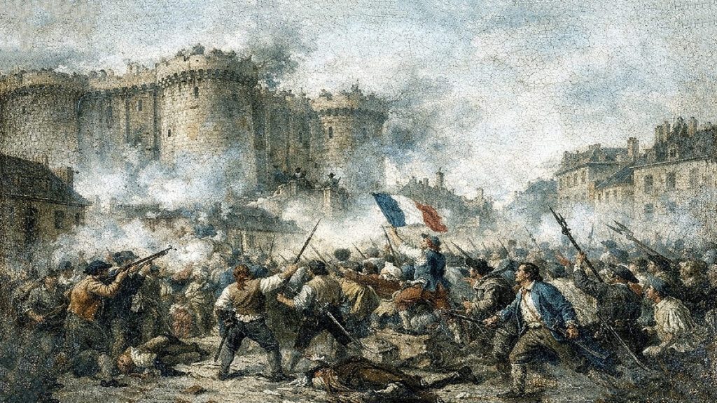 Multitud parisina armada frente a la Bastilla durante la Revolución Francesa en 1789