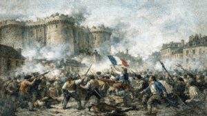Multitud parisina armada frente a la Bastilla durante la Revolución Francesa en 1789