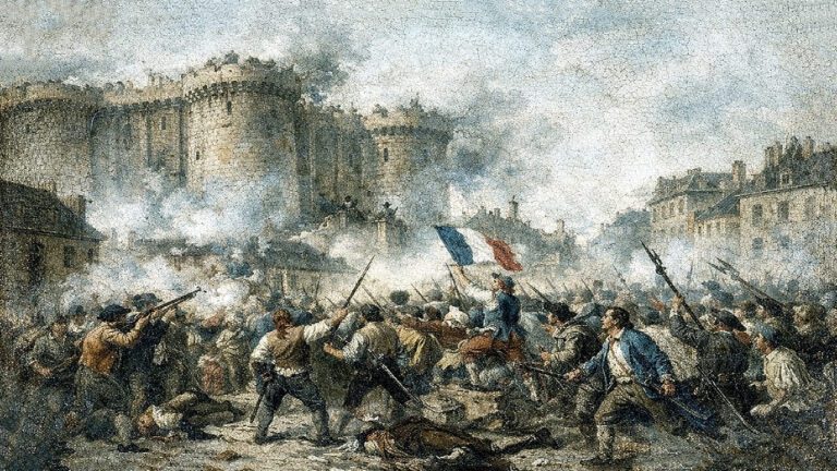 Multitud parisina armada frente a la Bastilla durante la Revolución Francesa en 1789