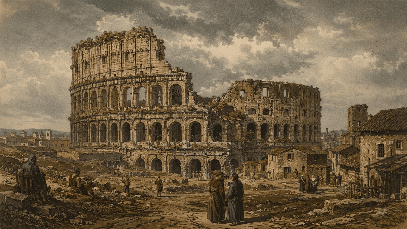 Representación artística del Coliseo Romano en estado de ruina, rodeado de vegetación y estructuras simples, bajo un cielo nublado con figuras humanas caminando por el entorno rural.