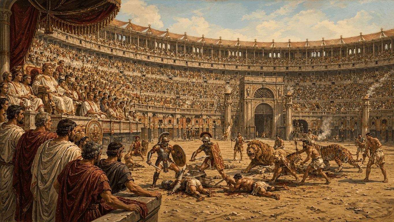 Escena pictórica épica dentro del Coliseo Romano con gladiadores luchando contra leones y tigres bajo la mirada del emperador y una multitud entusiasta en las gradas.