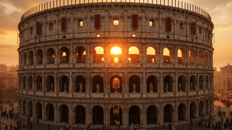 Vista frontal del Coliseo Romano completo durante la dinastía Flavia al atardecer, con el sol brillando a través de sus arcos superiores, estatuas en los nichos y ciudadanos romanos caminando en la base.