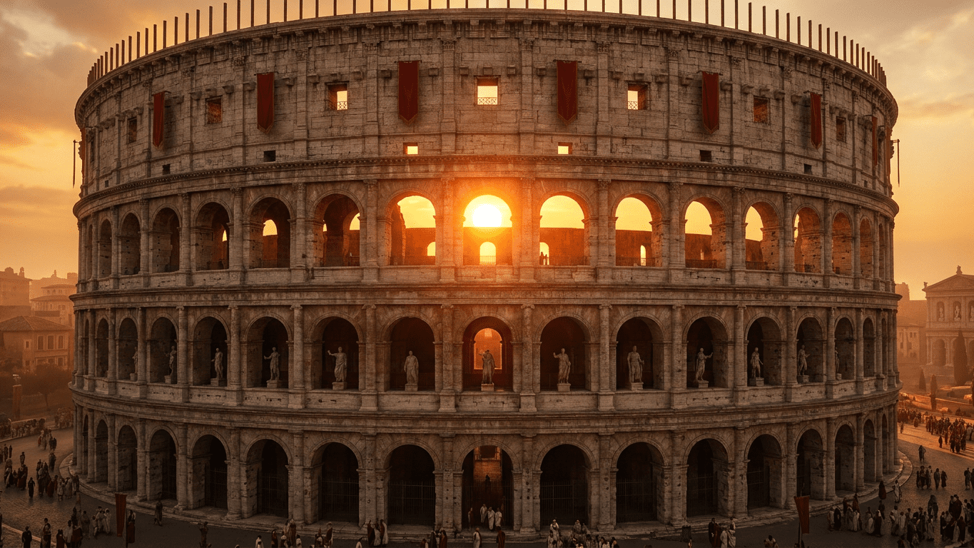 Vista frontal del Coliseo Romano completo durante la dinastía Flavia al atardecer, con el sol brillando a través de sus arcos superiores, estatuas en los nichos y ciudadanos romanos caminando en la base.