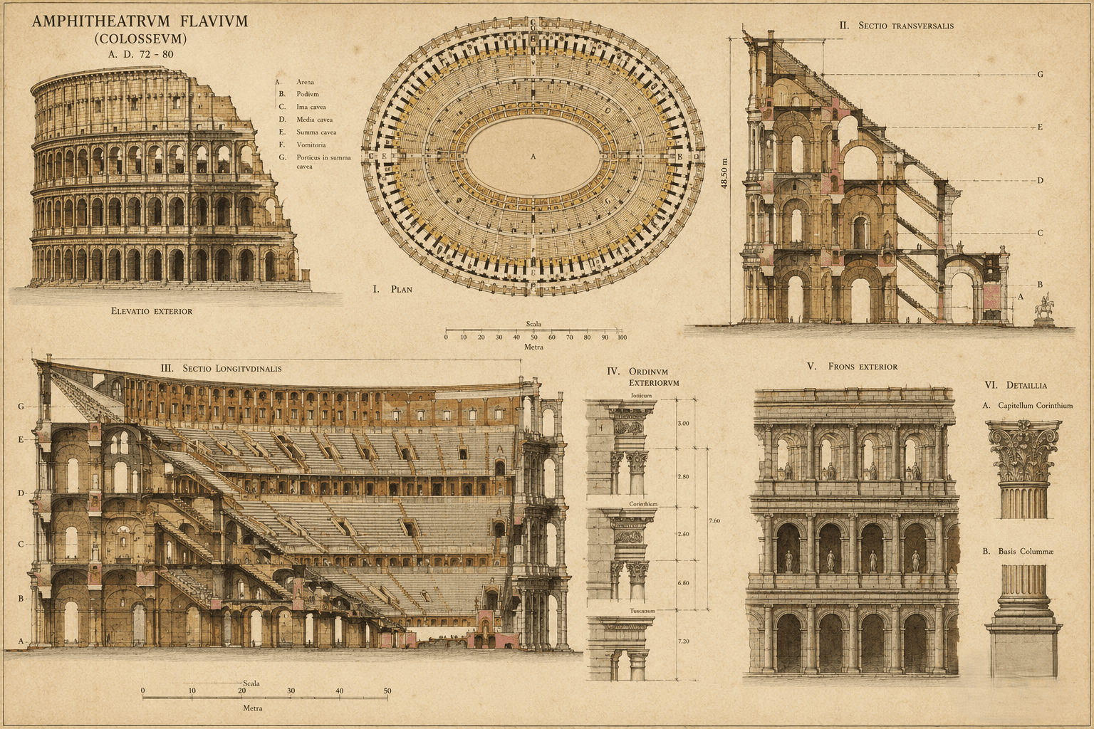 Lámina técnica vintage con diagramas del Coliseo Romano, incluyendo la elevación exterior, planta ovalada, secciones transversales y longitudinales con anotaciones en latín sobre papel envejecido.