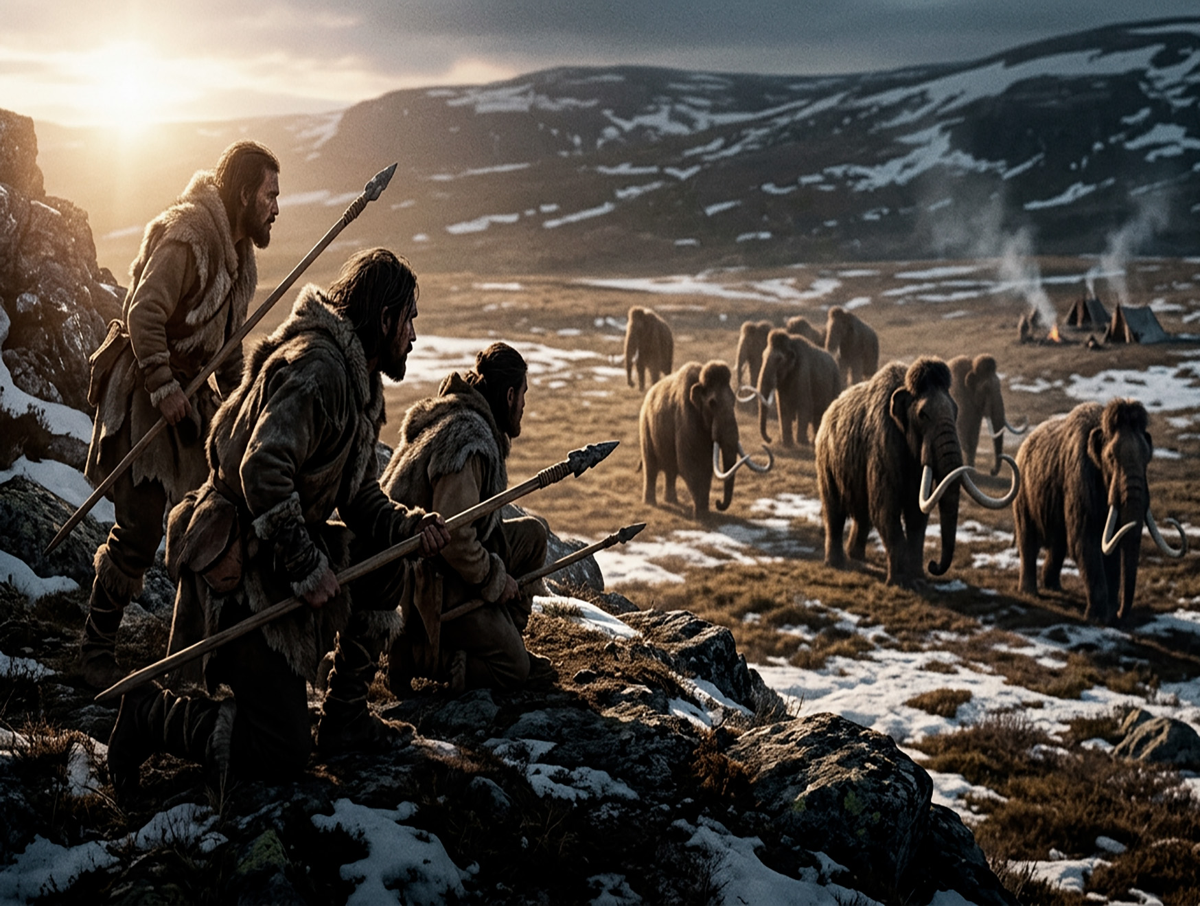 Tres cazadores prehistóricos vestidos con abrigos de pieles y armados con lanzas observan desde una colina rocosa a una manada de mamuts lanudos en un valle nevado iluminado por la luz del sol naciente.