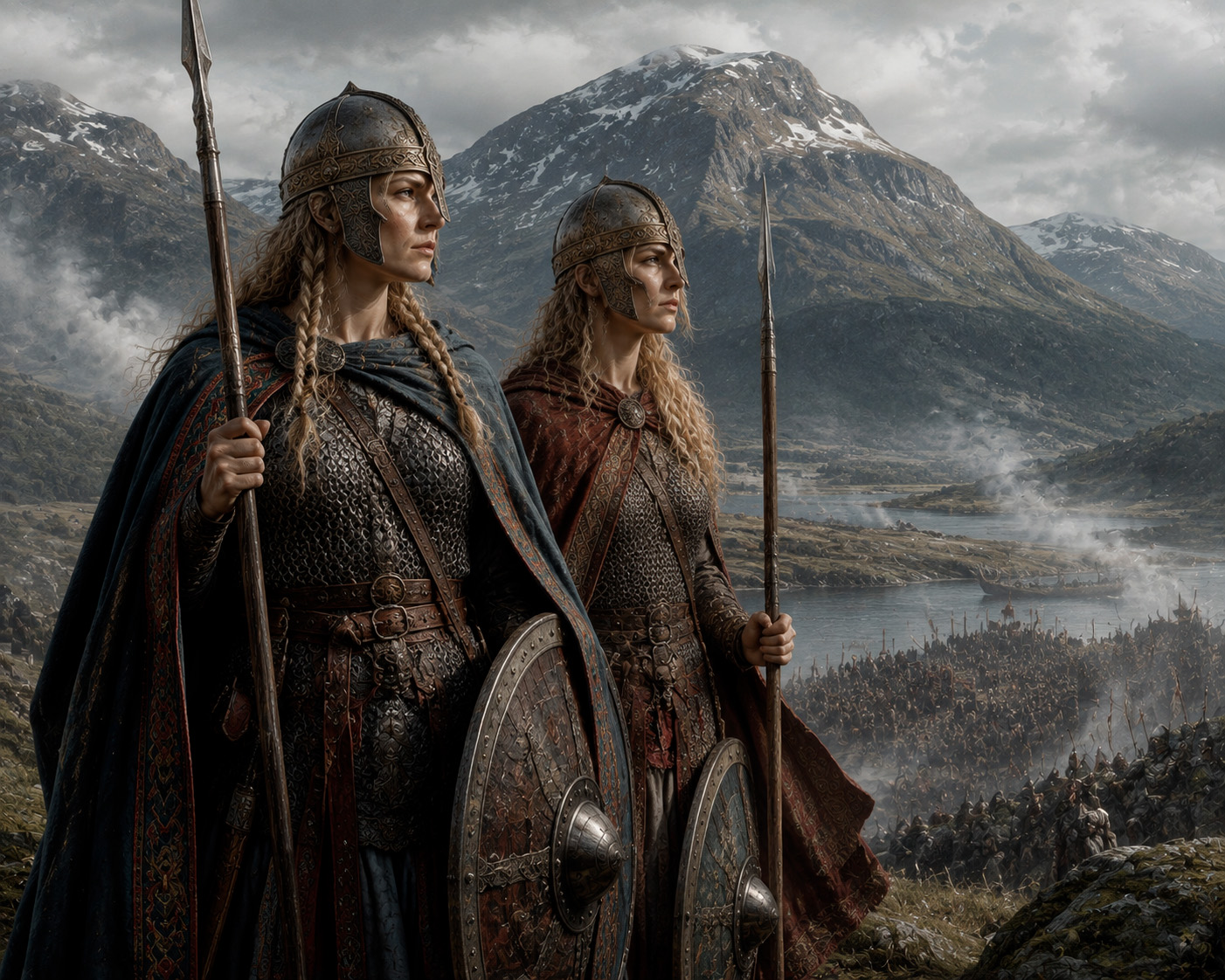 Una pintura de estilo épico y realista que muestra a dos mujeres guerreras vikingas, una de pie delante de la otra, ataviadas con armaduras de cota de malla, cascos ornamentados, capas de lana y portando lanzas y escudos redondos. Miran hacia el horizonte con determinación desde una colina escarpada. Detrás de ellas, en el valle, se extiende un vasto ejército vikingo con barcos en un fiordo, bajo un cielo nublado con montañas nevadas en la distancia.