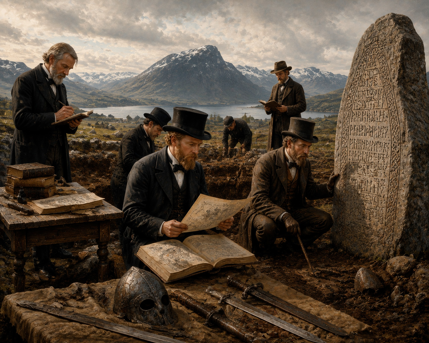 Una escena de estilo pictórico que representa a un grupo de arqueólogos victorianos, vestidos con trajes y sombreros de copa, realizando una excavación en un paisaje montañoso y fiordo de Noruega. Están examinando una gran piedra rúnica vertical y varios artefactos como un casco vikingo y espadas, mientras otros miembros del equipo trabajan en el fondo.