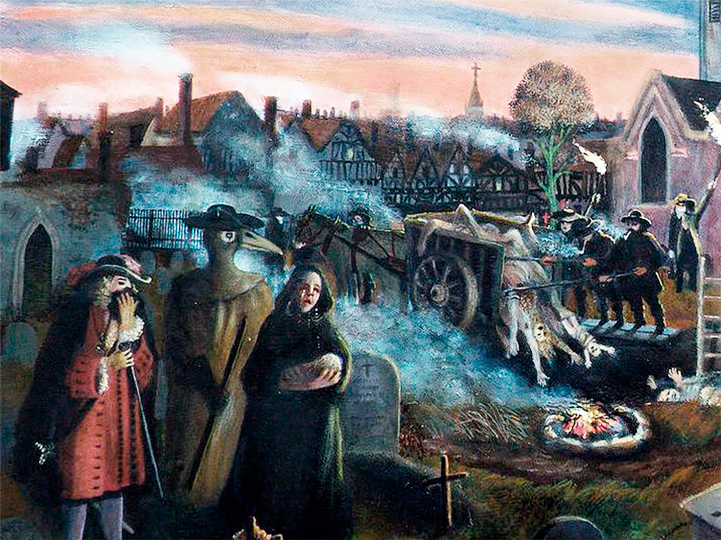 Pintura dramática de estilo histórico en tonos sombríos que muestra una escena de duelo masivo y horror en una ciudad europea. En primer plano, una mujer llora sosteniendo un bulto y un hombre se cubre la boca horrorizado. En el fondo, un carro de madera está lleno de cadáveres mientras hombres vestidos de negro los descargan, ilustrando el impacto de los 200 millones de muertes. La figura de un médico de la peste observa.