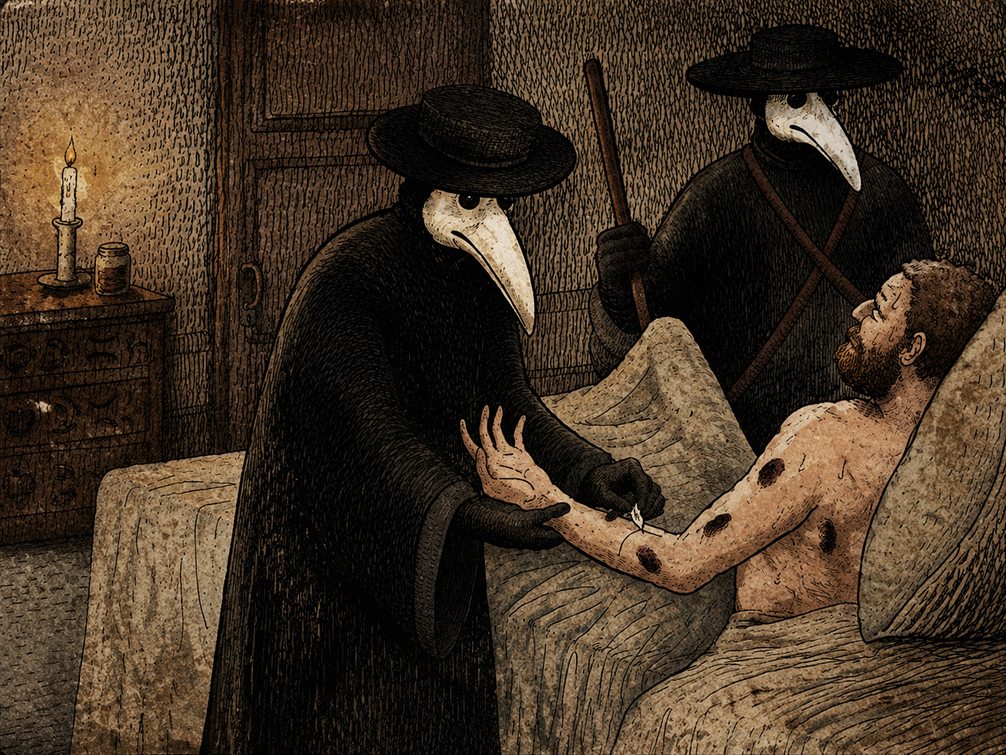 Ilustración gótica a color que muestra a dos médicos de la peste con sus máscaras de pico y sombreros en una habitación oscura. Uno examina el brazo de un paciente acostado mientras el segundo médico, al fondo, sostiene una larga vara de madera. Estética de grabado oscuro.