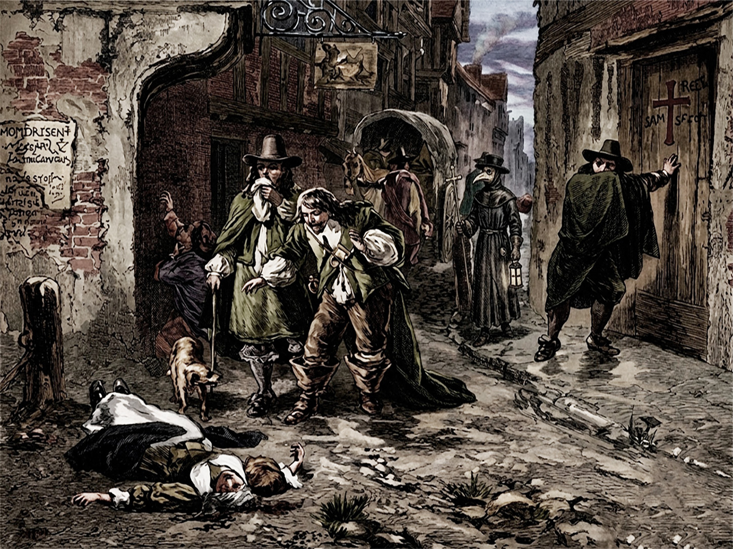 Grabado detallado en color que representa una calle de una ciudad europea del siglo XVII durante una epidemia de peste. Se muestra a personas sufriendo, un médico de la peste y casas marcadas con cruces.
