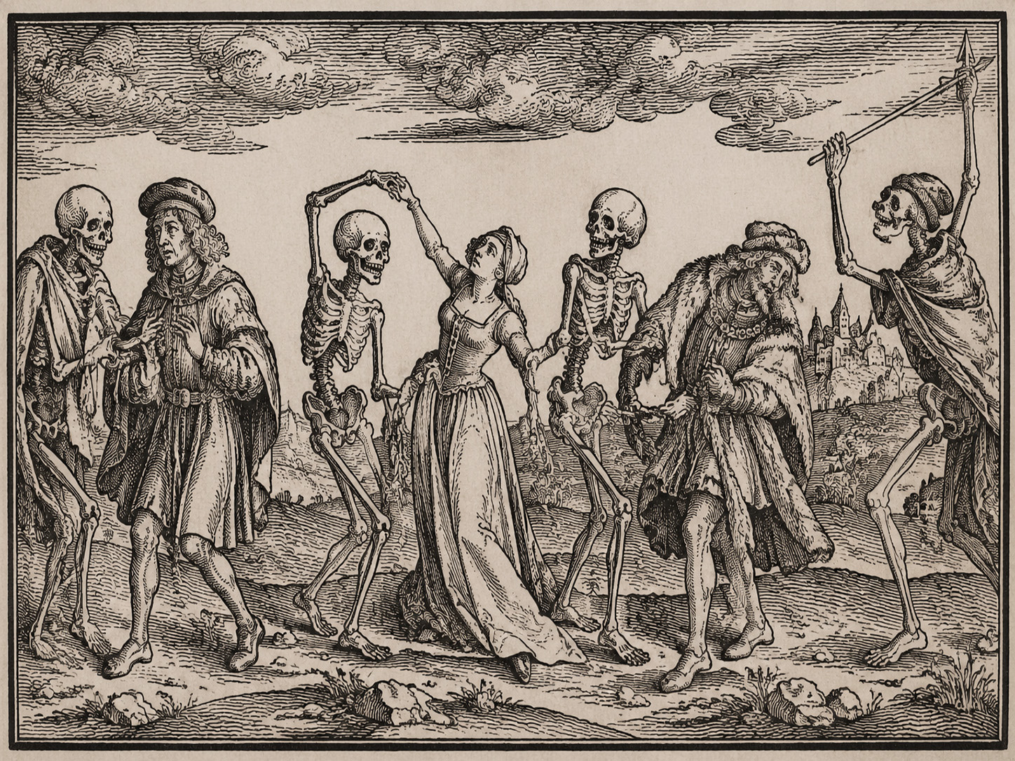 Un grabado medieval en xilografía que muestra a cuatro esqueletos de la Muerte bailando e interactuando con tres figuras humanas de distinta clase social (un noble, una dama y otro hombre adinerado) en un paisaje campestre con una ciudad fortificada al fondo. Estilo gótico sobrio en tonos sepia.