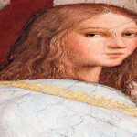 Detalle del fresco «La escuela de Atenas» de Rafael Sanzio que muestra a Hipatia de Alejandría con cabello largo y ondulado, vestida de blanco con una cenefa dorada.