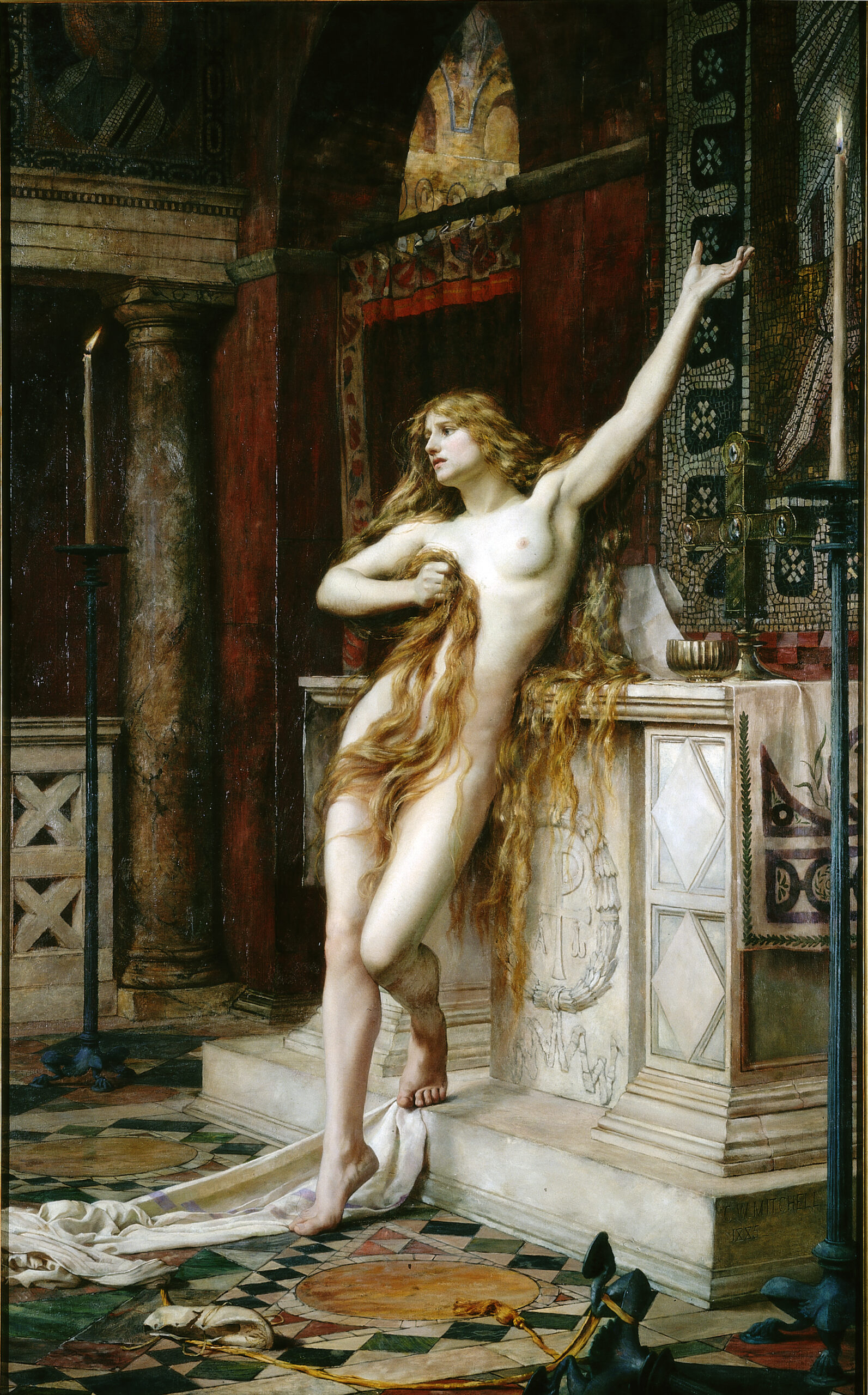Pintura al óleo de una mujer pelirroja desnuda que se refugia de pie junto al altar de una iglesia, cubriendo su cuerpo con su propio cabello largo mientras levanta un brazo.