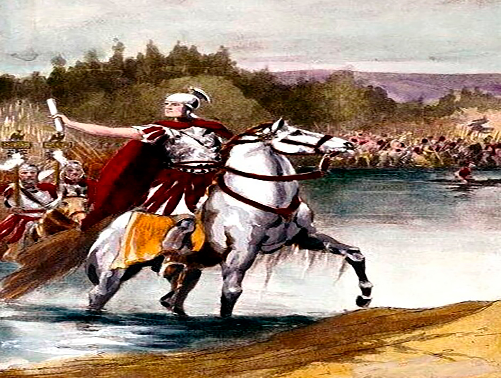 Ilustración histórica de Julio César a lomos de un caballo blanco cruzando un río con su ejército al fondo, sosteniendo un pergamino en alto y vistiendo armadura y manto rojo.