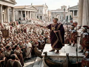 Julio César con túnica púrpura y corona de laurel hablando desde una tribuna frente a una gran multitud de ciudadanos romanos y guardias pretorianos en la antigua Roma.