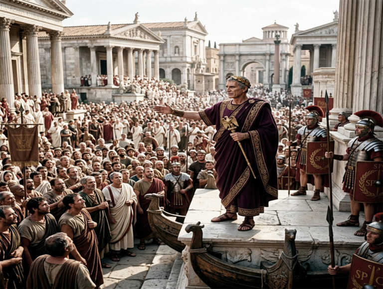 Julio César con túnica púrpura y corona de laurel hablando desde una tribuna frente a una gran multitud de ciudadanos romanos y guardias pretorianos en la antigua Roma.