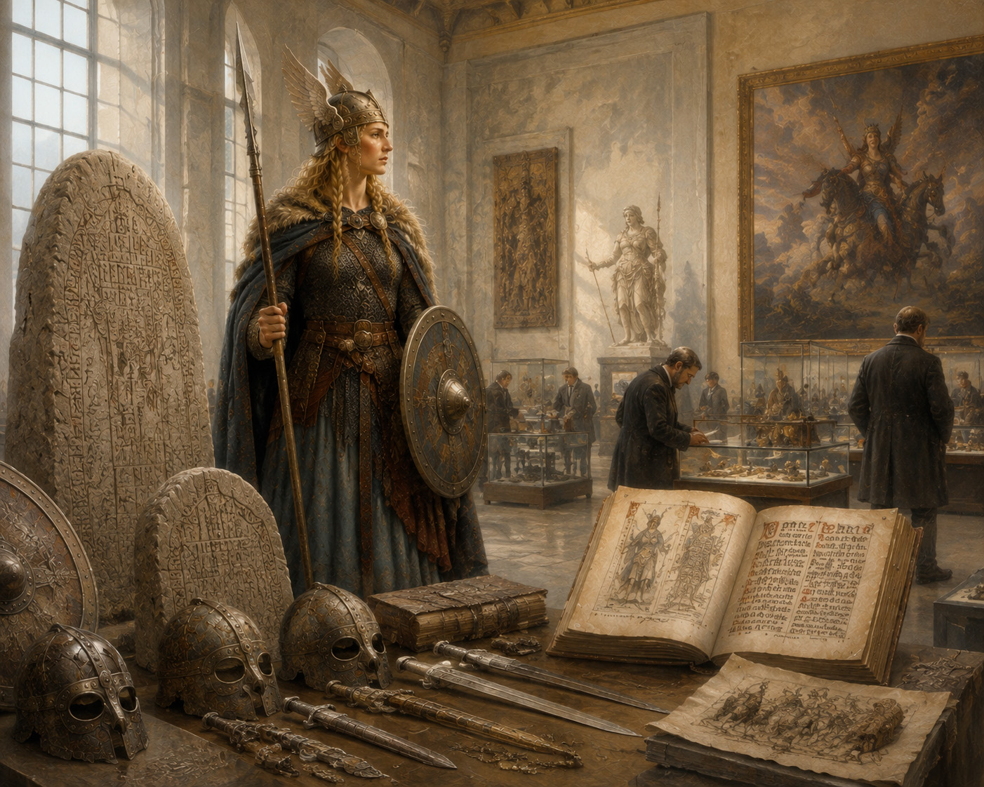 Una pintura de estilo clásico y detallado que representa la sala de un museo dedicada a la mitología nórdica. En primer plano, sobre una mesa, se exhiben artefactos como cascos vikingos ornamentados, espadas y un manuscrito antiguo abierto con ilustraciones de valquirias. Detrás de la mesa, una figura de tamaño real de una Valquiria con armadura, casco alado y lanza, cobra vida o es una estatua hiperrealista, de pie junto a grandes piedras rúnicas. Al fondo, varios visitantes vestidos de traje observan otras vitrinas y una gran pintura al óleo de una batalla de valquirias.