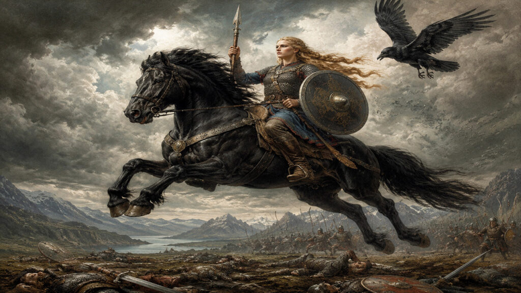 Una pintura de estilo realista y dramático que representa a una Valquiria nórdica con armadura de malla, casco alado, escudo redondo y lanza, montada en un poderoso caballo negro que salta sobre un campo de batalla lleno de guerreros caídos, bajo un cielo tormentoso y nublado.