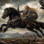 Una pintura de estilo realista y dramático que representa a una Valquiria nórdica con armadura de malla, casco alado, escudo redondo y lanza, montada en un poderoso caballo negro que salta sobre un campo de batalla lleno de guerreros caídos, bajo un cielo tormentoso y nublado.