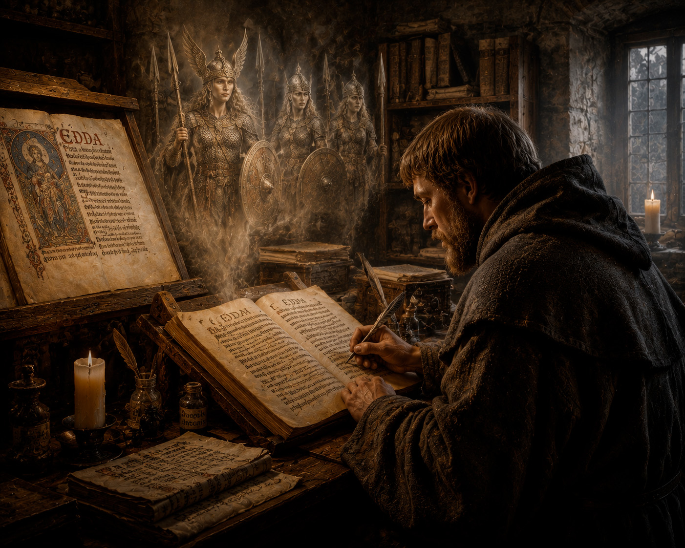 Una pintura de estilo clásico y dramático que representa a un monje escribano con túnica oscura en un escritorio de madera, escribiendo en un manuscrito antiguo titulado "Edda". A su izquierda, sobre otro atril, hay otro volumen similar abierto. De entre las páginas de los libros emerge una visión espectral y fantasmal de tres valquirias aladas con armaduras y escudos. La escena está iluminada por velas y la luz de una ventana lateral.
