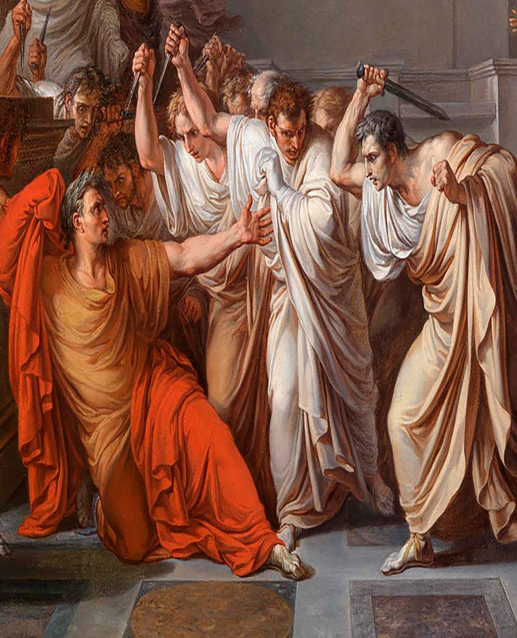 Detalle de la pintura de Vincenzo Camuccini que muestra el asesinato de Julio César, quien cae con una túnica roja mientras senadores con túnicas blancas alzan dagas para atacarle.