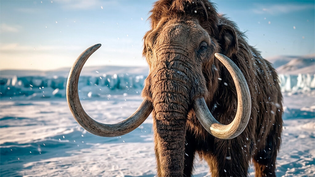 Ilustración detallada de un mamut lanudo mirando hacia el frente, mostrando sus largos colmillos curvados y su pelaje tupido en medio de un entorno de tundra con nieve y hielo.