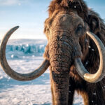 Ilustración detallada de un mamut lanudo mirando hacia el frente, mostrando sus largos colmillos curvados y su pelaje tupido en medio de un entorno de tundra con nieve y hielo.
