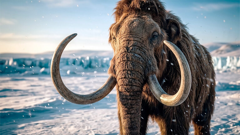 Ilustración detallada de un mamut lanudo mirando hacia el frente, mostrando sus largos colmillos curvados y su pelaje tupido en medio de un entorno de tundra con nieve y hielo.