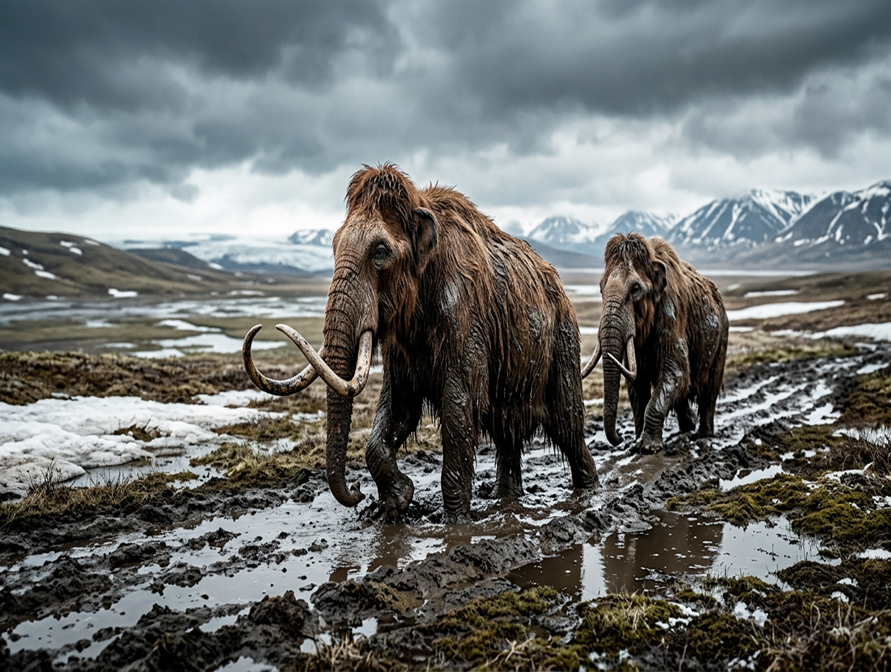 Un renderizado digital hiperrealista que muestra un encuentro en primer plano entre un gran rinoceronte lanudo y un tigre dientes de sable sobre la estepa cubierta de escarcha. Al fondo, una manada de mamuts lanudos y bisontes camina hacia montañas nevadas bajo un cálido cielo dorado de atardecer.