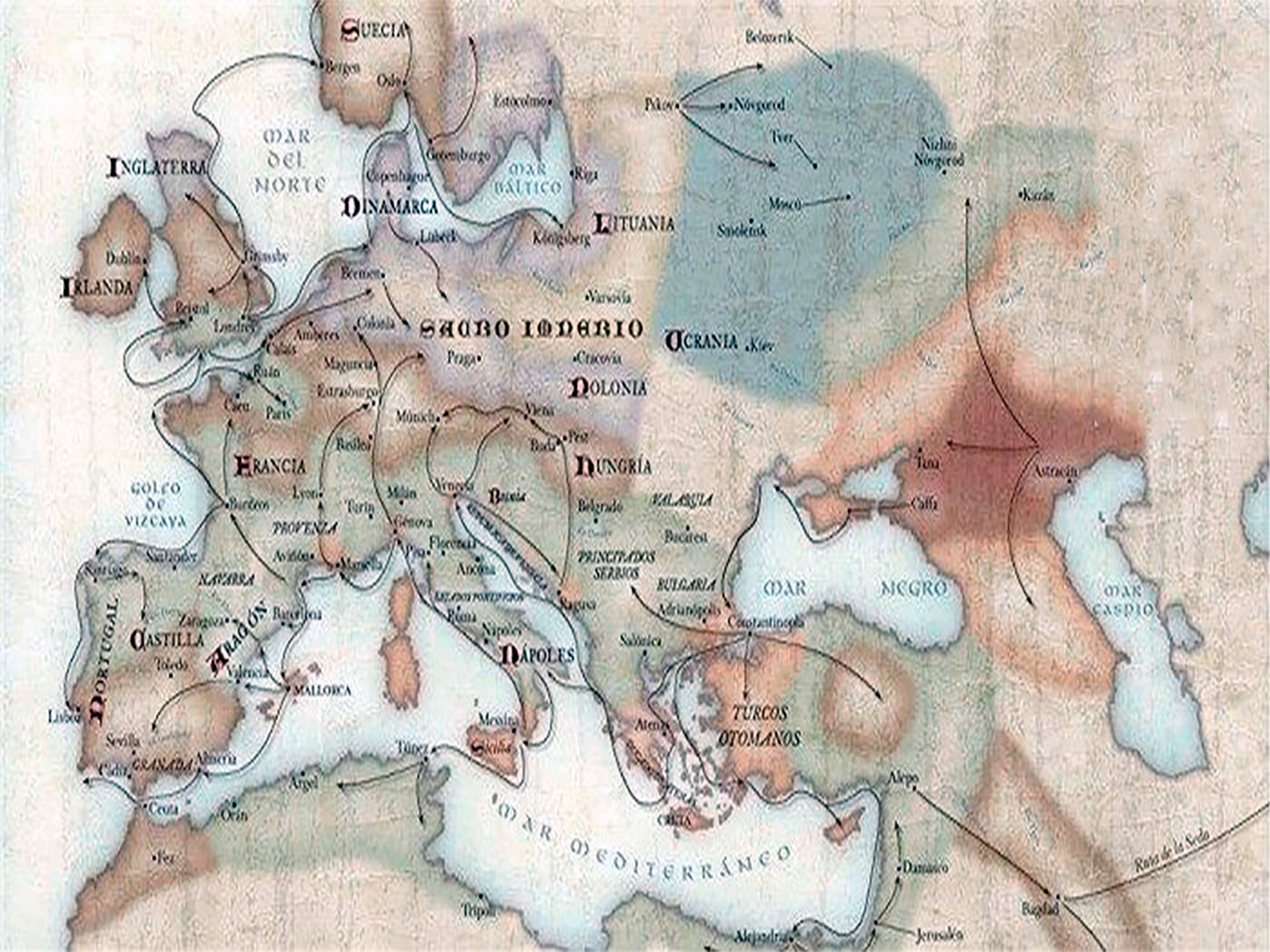 Mapa histórico sobre pergamino que muestra las rutas de propagación de la Peste Negra desde Asia Central y el Mar Negro hacia los puertos mediterráneos y el resto de Europa.