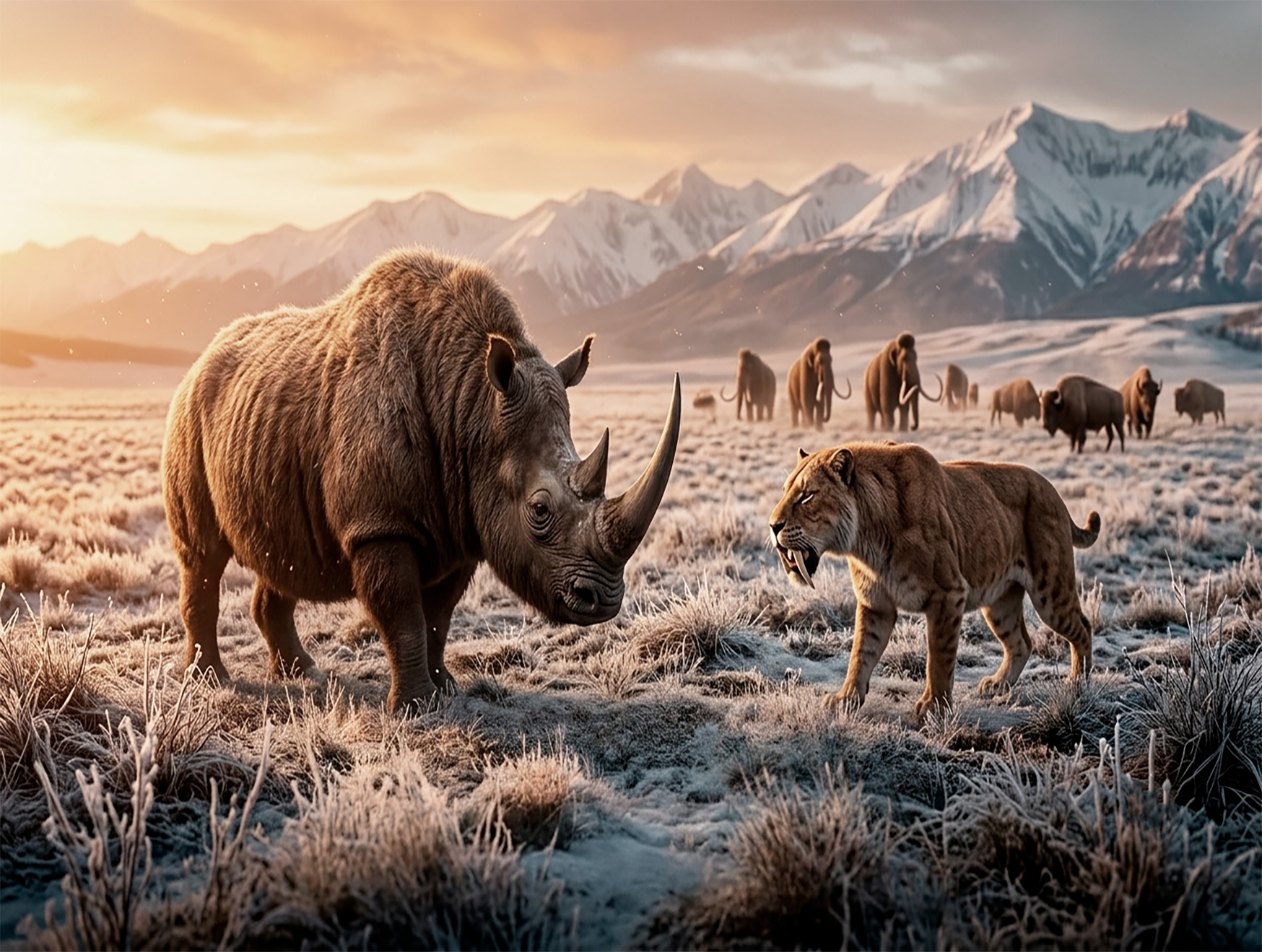 Un renderizado digital hiperrealista que muestra un encuentro en primer plano entre un gran rinoceronte lanudo y un tigre dientes de sable sobre la estepa cubierta de escarcha. Al fondo, una manada de mamuts lanudos y bisontes camina hacia montañas nevadas bajo un cálido cielo dorado de atardecer.