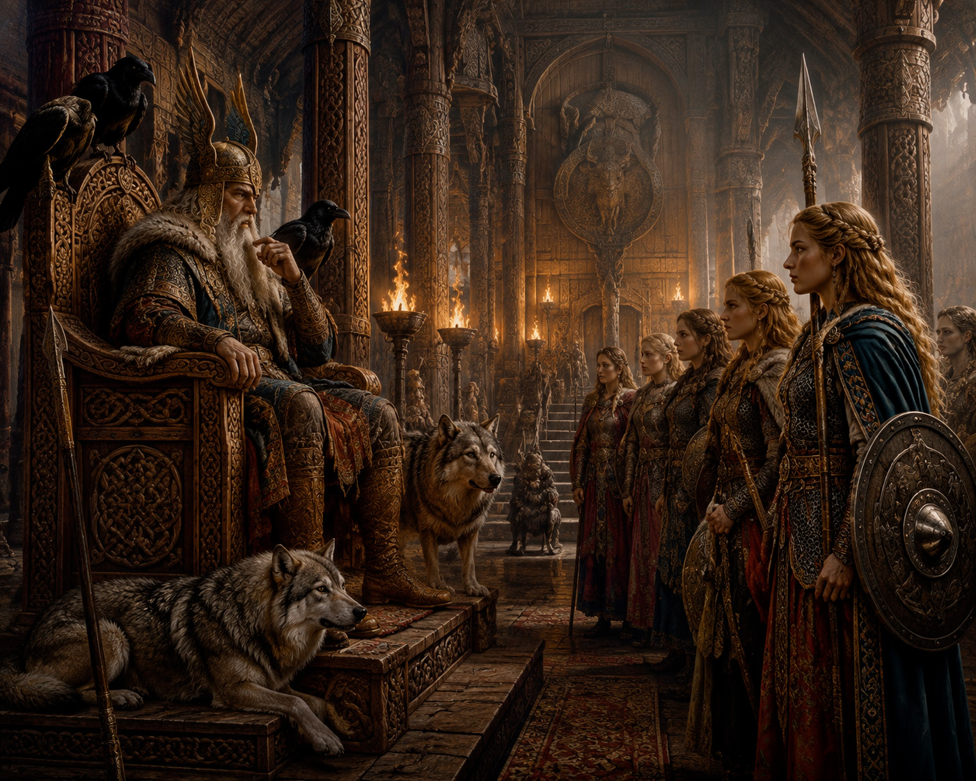 Una pintura de estilo clásico y dramático que representa al dios nórdico Odín sentado en un trono ornamentado dentro de una gran sala de madera tallada, conocida como Valhalla. Odín tiene una larga barba blanca, viste armadura y casco con alas, y está flanqueado por dos cuervos sobre el trono y dos lobos a sus pies. Ante él, una fila de valquirias con armaduras de cuero y cota de malla, armadas con lanzas y escudos, están de pie y parecen escuchar sus instrucciones. La escena está iluminada por antorchas.