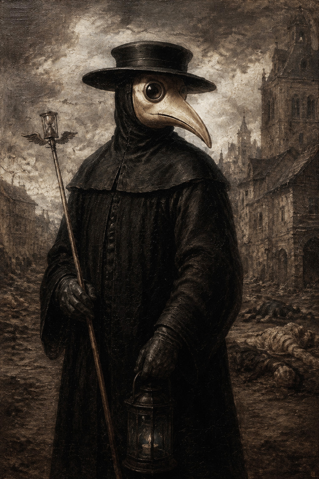 Pintura al óleo de un médico de la peste negra a cuerpo entero, vistiendo la máscara de pico de ave, túnica de cuero negro, sombrero y sosteniendo una vara metálica y un farol, de pie en una calle medieval desolada con cuerpos al fondo. Estilo pictórico dramático y sombrío.
