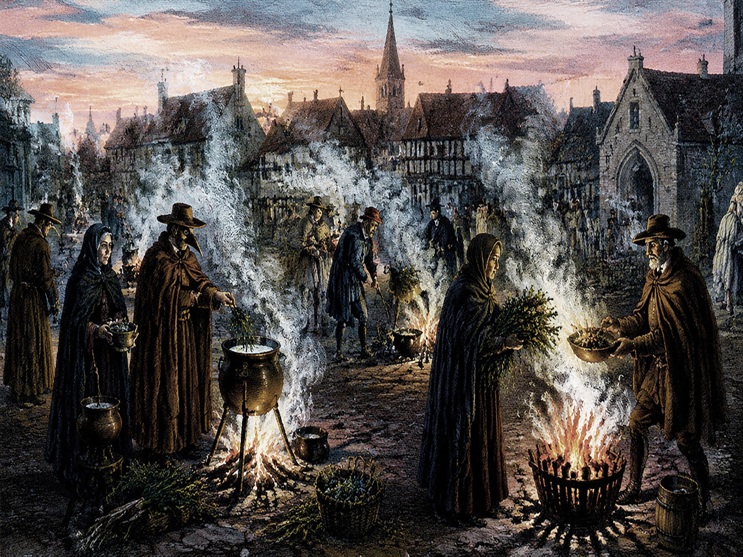 Pintura al óleo de una plaza de ciudad medieval al atardecer, donde varias personas con túnicas y máscaras de protección alimentan grandes hogueras y calderos, manipulando hierbas aromáticas para generar humo. El ambiente está saturado de humo espeso que se eleva hacia un cielo dramático, ilustrando la purificación contra el miasma. Al fondo se aprecia la arquitectura de la ciudad con una torre de iglesia.