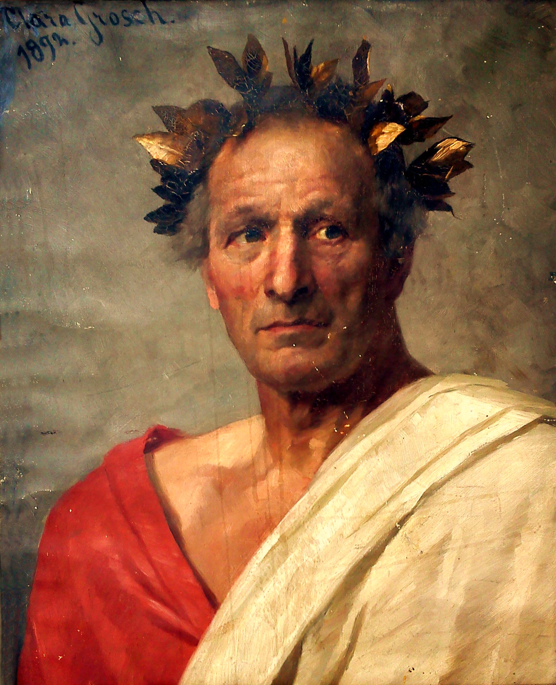 Pintura al óleo realista que representa un retrato de busto de Julio César, con cabello oscuro y ondulado, vistiendo una túnica roja y un manto blanco, sobre un fondo gris texturizado.