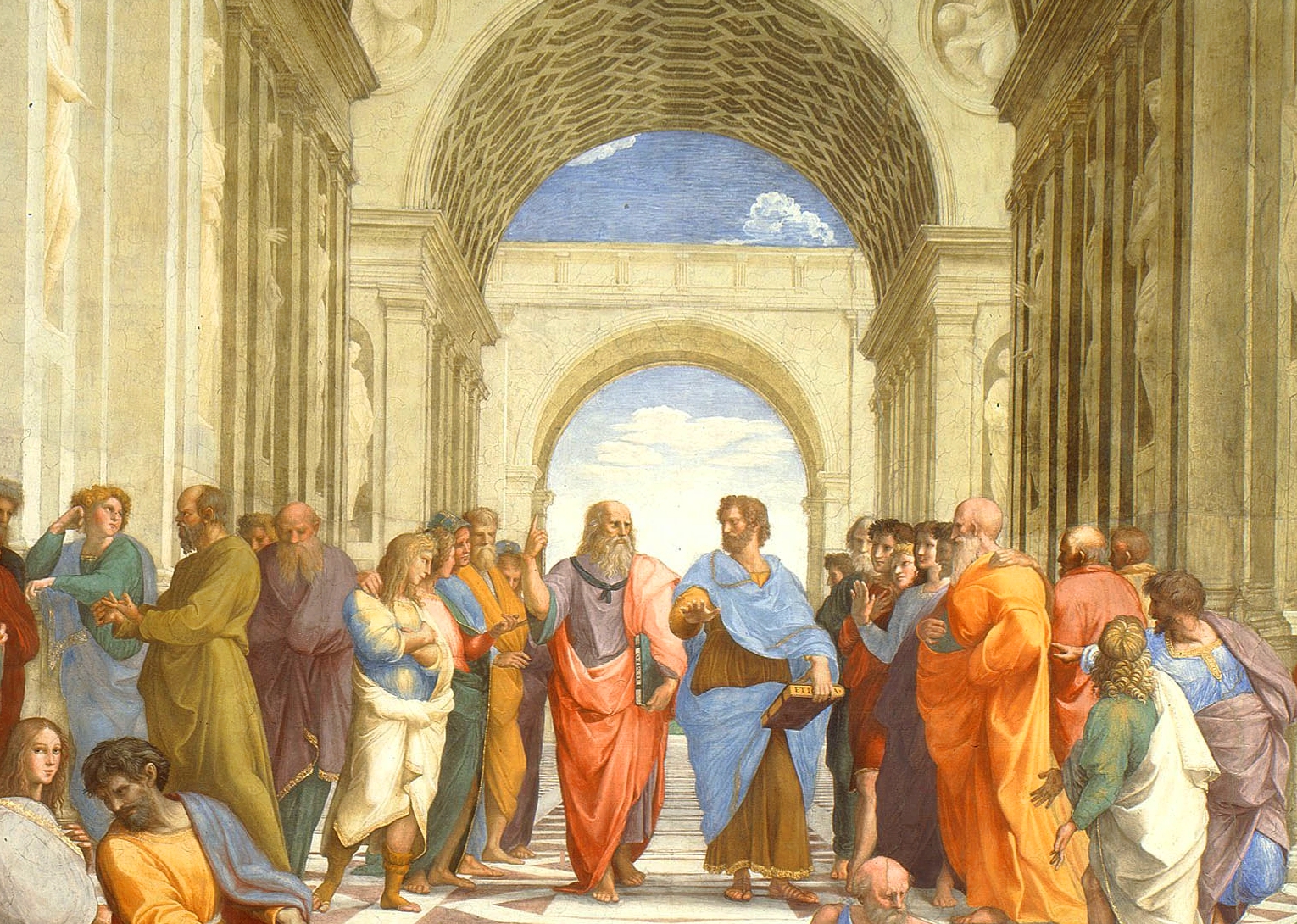 Vista central del fresco «La escuela de Atenas» de Rafael Sanzio, con Platón y Aristóteles caminando bajo los grandes arcos clásicos rodeados de filósofos.
