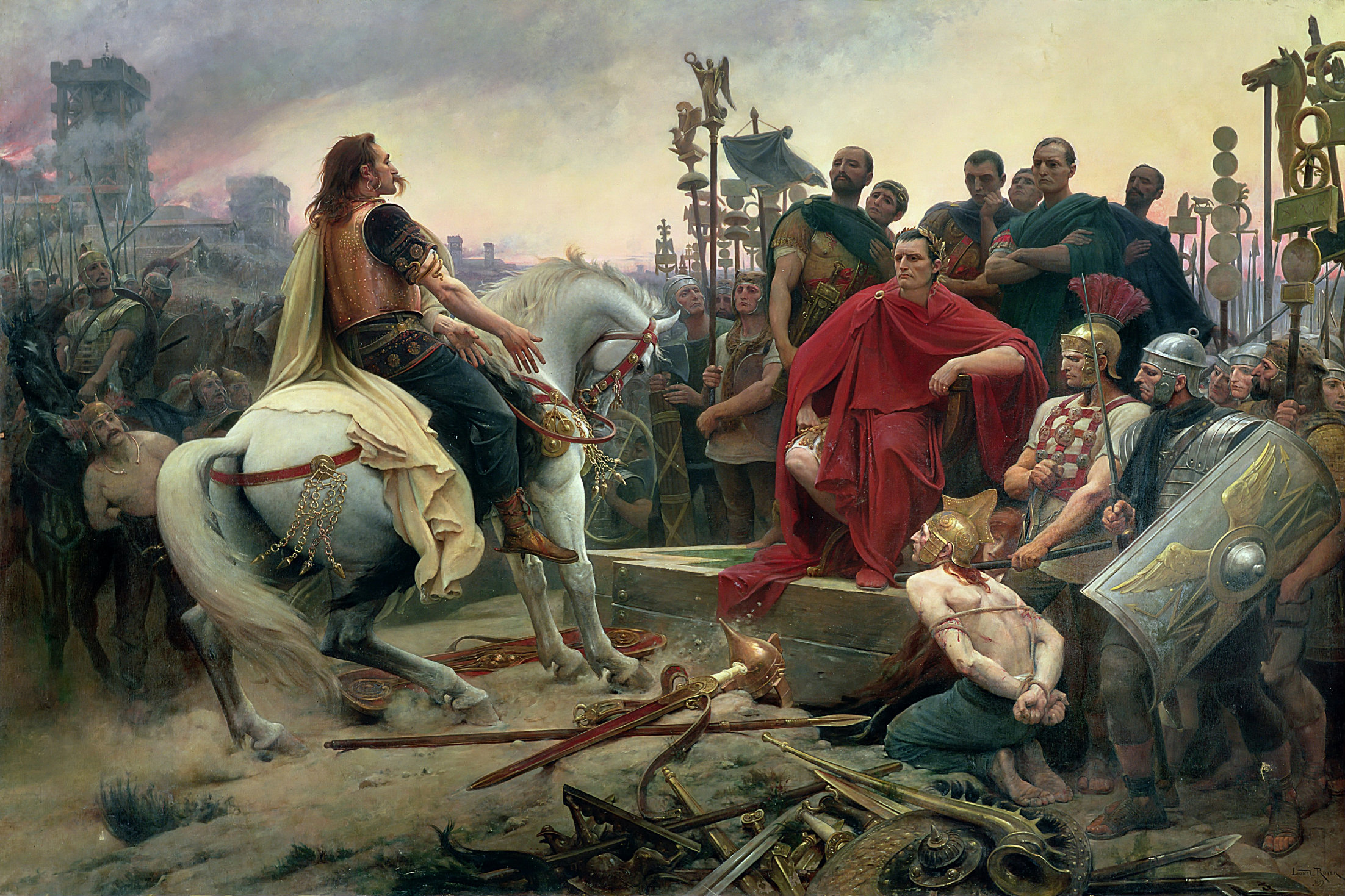 Pintura histórica de Lionel Royer que muestra a Vercingétorix a caballo rindiéndose ante Julio César, quien está sentado en una plataforma elevada rodeado de soldados romanos y estandartes.
