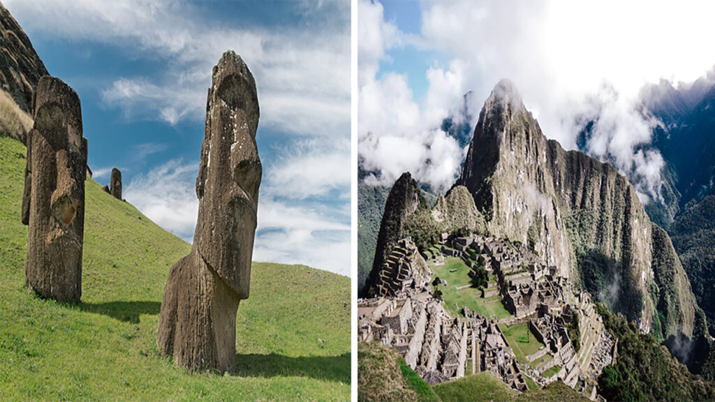 Imagen dividida en dos paneles: a la izquierda, estatuas de piedra Moái en una colina verde de Rapa Nui; a la derecha, vista panorámica de la ciudadela inca de Machu Picchu en los Andes.