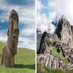 Imagen dividida en dos paneles: a la izquierda, estatuas de piedra Moái en una colina verde de Rapa Nui; a la derecha, vista panorámica de la ciudadela inca de Machu Picchu en los Andes.